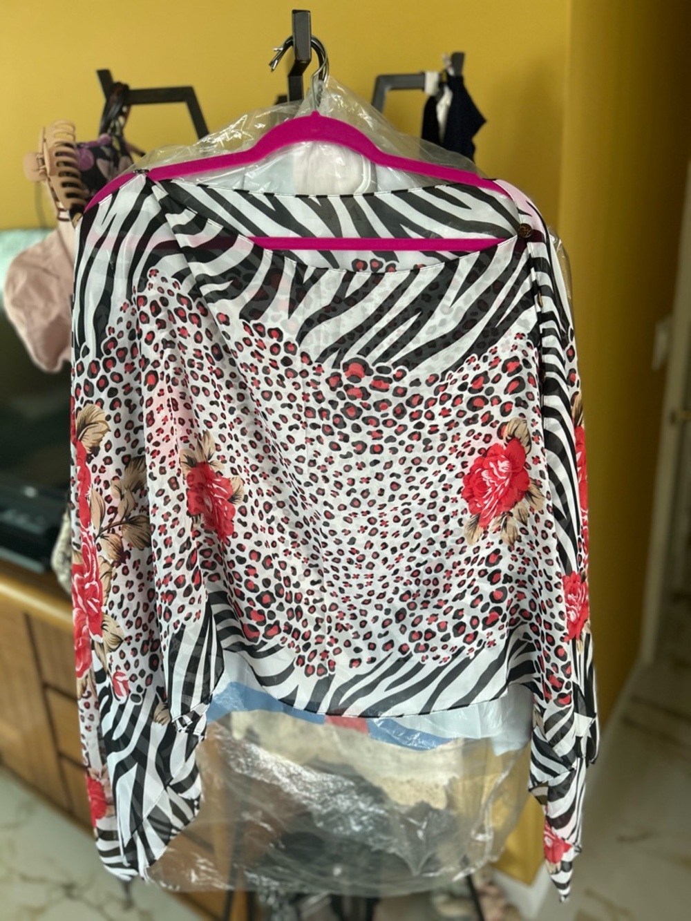 Floral & Animal Print Long-Sleeve Blouse - black/red